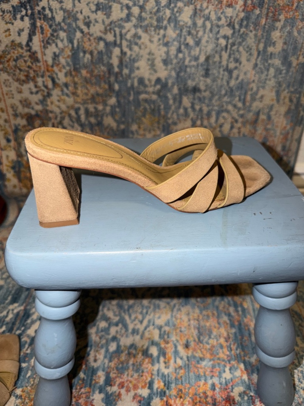 Zara Beige Suede Strappy Block Heel Mules - Picture 6 of 6